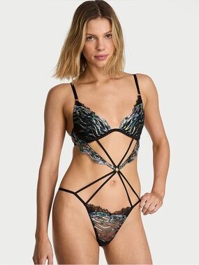 NWT Victoria's Secret Siren Black Sequin Embroidered Lace Teddy Bodysuit